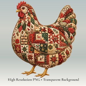 May include: A decorative chicken figurine featuring a patchwork quilt pattern in shades of red, green, and cream. The surface displays various holiday-themed motifs including poinsettias, gingerbread men, and pinecones. Text reads: High Resolution PNG • Transparent Background.