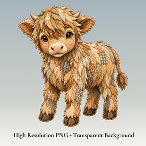 May include: A Highland calf illustration featuring a patchwork coat of tan, brown, and cream fabric patterns. The calf has large dark eyes, small horns, and pink cheeks. The text below reads High Resolution PNG • Transparent Background.