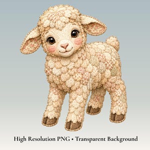 May include: A standing lamb figurine featuring a textured coat made of cream-colored, floral-patterned fabric patches. The lamb has large dark brown eyes, pink cheeks, and brown hooves. The text below reads: High Resolution PNG • Transparent Background.