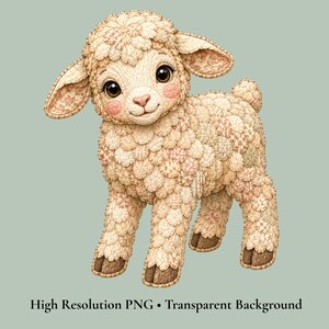 May include: A standing lamb figure featuring a textured coat made of cream and soft pink floral patterned fabric patches. The lamb has large dark brown eyes, pink cheeks, and brown hooves. Text at the bottom reads High Resolution PNG Transparent Background.