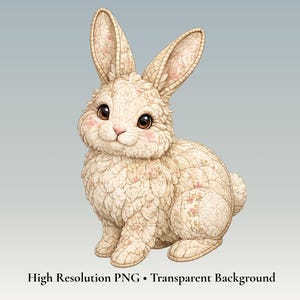 Pode incluir: Uma ilustração de um coelho sentado com uma superfície texturizada na cor creme com um padrão floral rosa subtil, olhos grandes castanho-escuros e bochechas rosadas. O texto abaixo diz High Resolution PNG • Transparent Background.