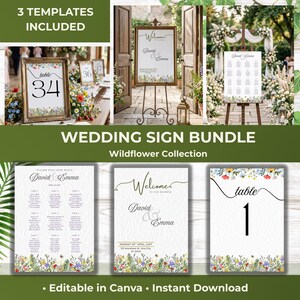 May include: A wedding sign bundle featuring three templates with a wildflower border at the bottom. The designs include a seating chart, a welcome sign with the text David & Emma, and a table number sign. The graphics feature colorful floral illustrations.
