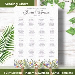 Puede incluir: Un cartel de plano de asientos de boda blanco con el texto "PLEASE FIND YOUR SEATS", "David & Emma" y "APRIL 26, 2027". El cartel enumera dieciséis mesas con nombres de invitados e incluye una colorida ilustración floral en la parte inferior.