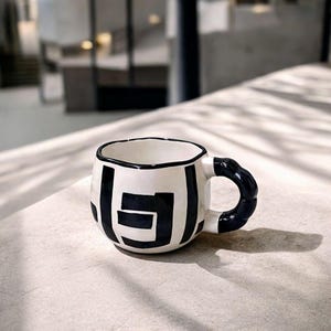 May include: A white ceramic mug with a black geometric pattern and a black handle. The mug has a rounded shape and a black rim. The handle is textured. The mug is on a light-coloured surface.