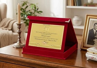 Lanterna In Metallo Per 50° Anniversario Di Matrimonio - Nozze D'Oro Con Inseriti In Vetro E Candela LED A Timer - 25,4x12,1x12,1 Cm