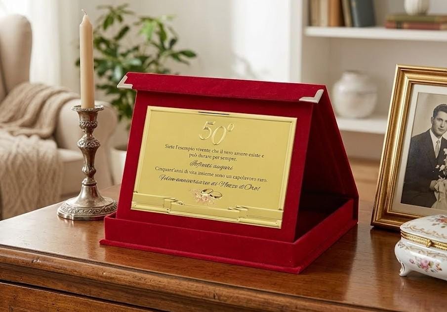 Lanterna In Metallo Per 50° Anniversario Di Matrimonio - Nozze D'Oro Con Inseriti In Vetro E Candela LED A Timer - 25,4x12,1x12,1 Cm