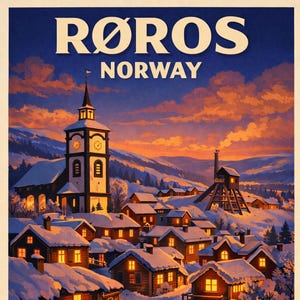 Puede incluir: Cartel de viaje vintage de Røros, Noruega, que representa una escena de pueblo nevado al anochecer. La imagen presenta una iglesia con una torre del reloj, casas cubiertas de nieve y un trineo tirado por caballos. El texto incluye "Røros Norway" y "Visit Norge."