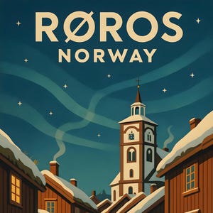 Póster de viaje vintage de Røros, Noruega: Arte mural de un pueblo minero histórico de invierno.