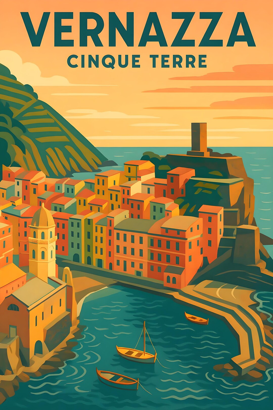 Vernazza Cinque Terre Vintage Travel Poster – Mediterranean Coastal ...