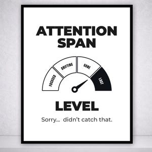 Attention Span Level Poster, Funny Productivity Chart Print, Office Humor Wall Art, Meeting Focus Meme, Corporate Burnout Decor