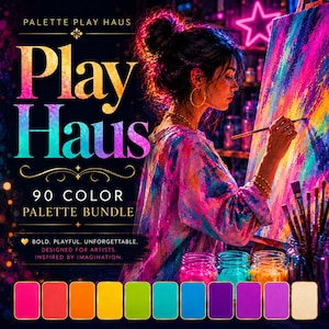 May include: A digital graphic featuring the text Palette Play Haus and Play Haus 90 Color Palette Bundle. An artist paints on a canvas with vibrant pink, blue, and yellow strokes. Below, a row of eleven colorful paint swatches is displayed.