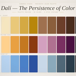 May include: A color palette titled "Dalí - The Persistence of Color" with 30 colors. The palette is divided into three sections: Desert, Melting Clock, and Dream Sky. Each section features a range of colors, from light beige to dark brown and light blue to dark blue.