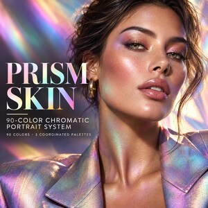 以下が含まれることがあります： PRISM SKIN 90-COLOR CHROMATIC PORTRAIT SYSTEMのプロモーション画像。90色と3つのコーディネートパレットが記載されています。虹色に輝くメイクアップを施した人物と、光を反射するメタリックなブレザーを着用した姿が写っています。