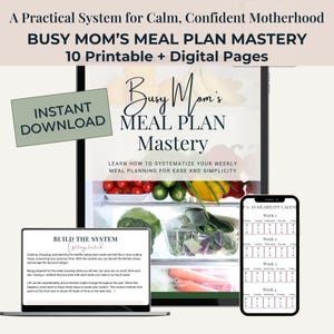 Puede incluir: Plan de comidas digital titulado "Busy Mom's Meal Plan Mastery" con 10 páginas imprimibles y digitales. La imagen muestra una computadora portátil, una tableta y un teléfono que muestran el plan de comidas, con el texto "Descarga instantánea".