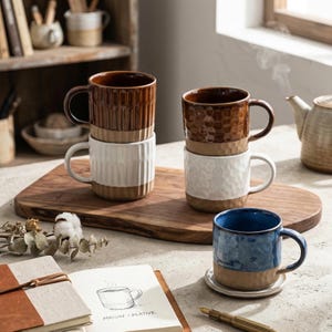 Puede incluir: Una colección de tazas de cerámica en varios colores y texturas. Las tazas están apiladas sobre una tabla de madera. Una taza es azul, y las otras son marrones y blancas. Un cuaderno con un boceto de taza de café está en primer plano.