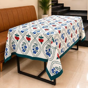 Hand Block Print Cotton Tablecloth – 60x90 Inch Rectangular Farmhouse Boho Cover