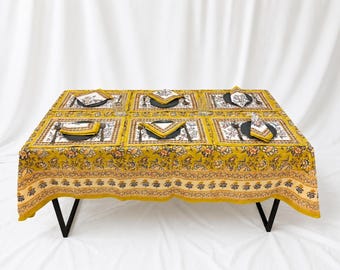 Yellow Floral Cotton Table Linen Set – Handcrafted Block Print Dining Collection, Housewarming Gift