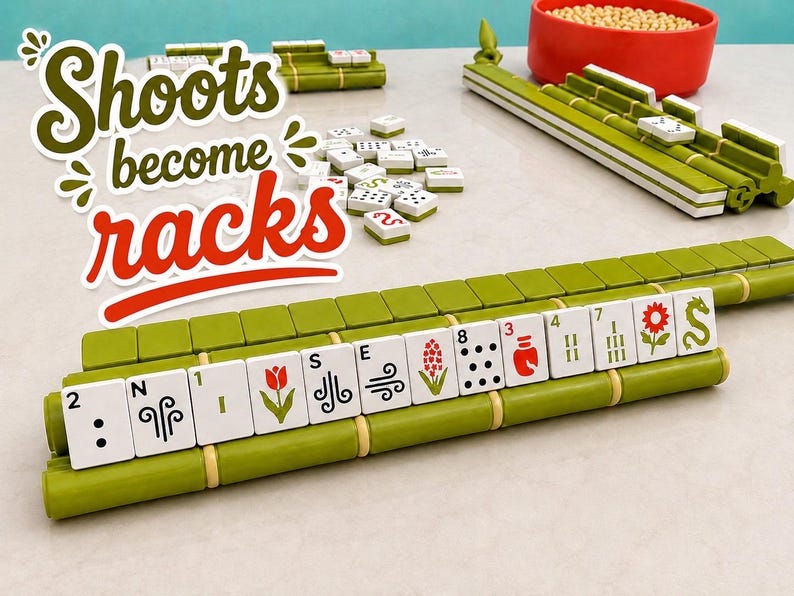 Puede incluir: Un conjunto de soportes de juego estilo bamb&uacute; verde y fichas blancas con s&iacute;mbolos florales, de viento y num&eacute;ricos coloridos. El texto "Shoots become racks" aparece en una fuente estilizada verde y roja. Se ve un cuenco rojo con fichas beige.