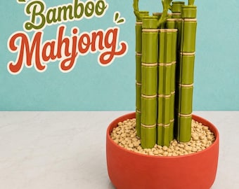 May include: A set of green bamboo-shaped mahjong tiles arranged to resemble a plant in a round red pot filled with small tan pebbles. Several individual mahjong tiles with various symbols and green backs are scattered in front. The text Bamboo Mahjong is visible in the upper left corner in a stylized green and red font.