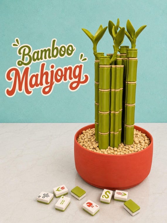Lucky Bamboo Mahjong Set | 3D Printed Game with Bamboo Racks, Travel Storage Planter