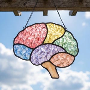 Può includere: Un acchiappasole in vetro colorato a forma di cervello umano, caratterizzato da segmenti di vetro testurizzato nei colori rosa, giallo, verde, blu, viola e arancione, uniti da linee di saldatura in metallo scuro e sospesi tramite una sottile catena metallica nera.