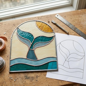 May include: An arched stained glass panel featuring a teal whale tail, a yellow sun, and light cream sky, framed in copper foil. The piece is displayed alongside a paper pattern, a metal ruler, and a roll of copper foil tape.