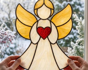 Christmas Angel Stained Glass Pattern, Heart Suncatcher SVG PDF Digital Download