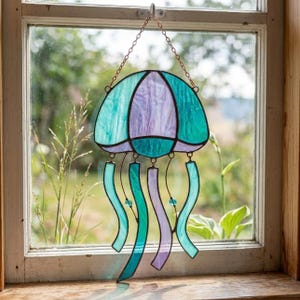 Op de afbeelding: Een glas-in-lood kwallen-zonnevanger met een klokvormige bovenkant van blauwgroene en lavendelkleurige glaspanelen. Het object heeft vier bungelende, gebogen tentakels van bijpassend glas, opgehangen aan een koperkleurige metalen ketting.