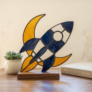 Raket gebrandschilderd glaspatroon SVG-pdf, Space Suncatcher-sjabloon, Celestial Window Design