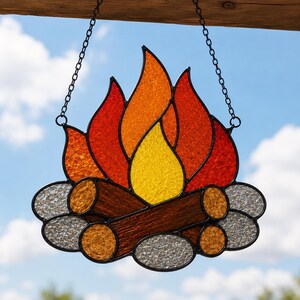 Pode incluir: Um apanhador de sol de vitral em forma de fogueira com chamas brilhantes em amarelo, laranja e vermelho sobre troncos castanhos e pedras de vidro transparente texturizado. A peça é emoldurada em metal preto e pende de duas correntes finas.