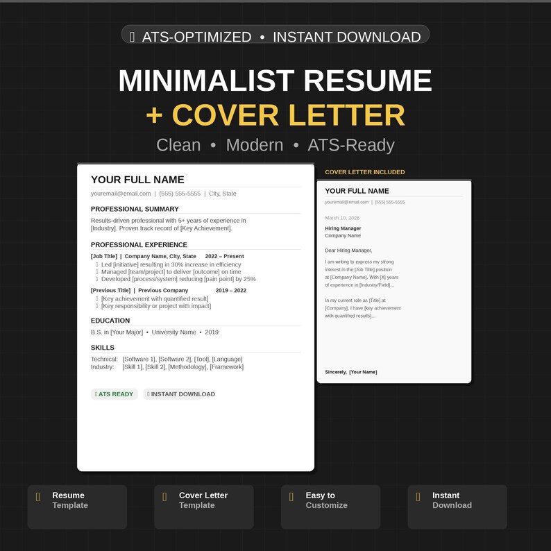 Minimalist Resume Template + Cover Letter | ATS Resume Template Word ...