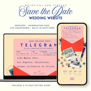 May include: A digital wedding website design with a vintage aesthetic. The design includes a laptop and a smartphone displaying a "Save the Date" telegram. The telegram features the date, time, and location of the wedding, along with a countdown timer. The design includes the text "Whimsical and Vintage".
