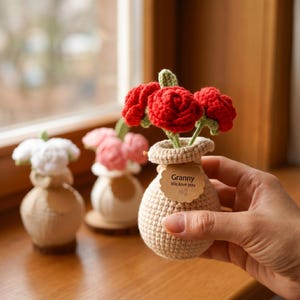 Puede incluir: Un jarrón beige tejido a ganchillo contiene tres flores rojas tejidas a ganchillo con hojas verdes. El jarrón tiene una pequeña etiqueta que dice "Granny We love you". Hay otros dos jarrones de flores tejidas a ganchillo en el fondo.