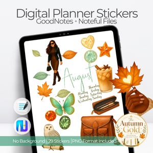 May include: Digital planner stickers for GoodNotes and Noteful featuring autumn-themed illustrations including a person in a brown dress, leaves, a butterfly, an owl, a coffee drink, a pen case, a leather bag, and the text August and days of the week.