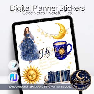 May include: Digital planner stickers featuring a person in a blue star-patterned gown, a crescent moon, a sun-themed mug, the text July, days of the week, a sun illustration, a row of blue books, and a circular Stardust Collection logo.