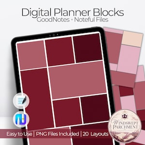 May include: A digital planner displayed on a tablet, with a grid of burgundy and pink blocks. The text "Digital Planner Blocks" and "GoodNotes + Noteful Files" are at the top. The image also includes the text "Easy to Use | PNG Files Included | 20 Layouts".