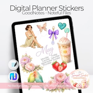 May include: Digital planner stickers displayed on a tablet. The stickers include a woman in a dress, a butterfly, a bow, a coffee drink, strawberries, flowers, and birds. Text includes "Digital Planner Stickers" and "May".