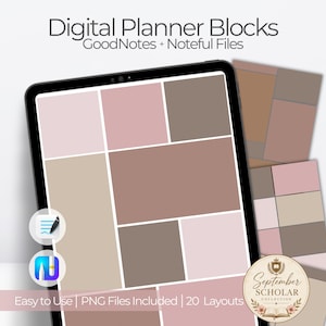 May include: Digital planner blocks featuring GoodNotes and Noteful files with 20 layouts. The screen displays rectangular sections in shades of dusty rose, beige, and taupe. A circular badge reads September Scholar Collection with floral accents.