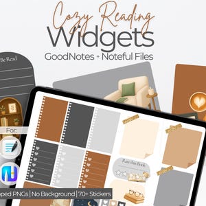 May include: Digital reading widgets with a cosy theme. The image features a tablet displaying various digital sticky notes, a to-do list, and stickers. The text on the image says "Cozy Reading Widgets" and "GoodNotes + Noteful Files".