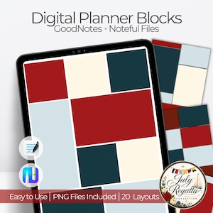 Puede incluir: Un planificador digital mostrado en una tableta, con un diseño geométrico de bloques rojos, azul marino, crema y azul claro. El texto "Digital Planner Blocks" y "GoodNotes + Noteful Files" son visibles. El texto adicional dice "Easy to Use | PNG Files Included | 20 Layouts".