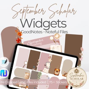 Könnte beinhalten: Digitale September Scholar Widgets für GoodNotes und Noteful mit braunen und beigen rechteckigen und bogenförmigen Formen, Kaffeetassen, Büchern, Kerzen und Herbstblättern. Enthält über 75 vorgeschnittene PNG-Sticker für die digitale Planung.