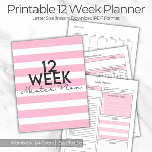 May include: Printable 12-week planner in PDF format. The cover features a pink and white striped design with the text "12 WEEK Master Plan". The planner includes a monthly calendar, weekly planner, daily planner, and progress tracker.