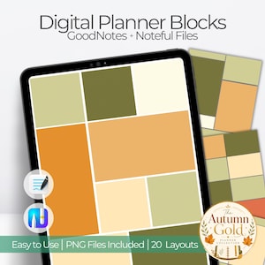 May include: Digital planner blocks featuring GoodNotes and Noteful files with an autumn color palette of olive green, cream, and orange. The display shows various rectangular layouts on a tablet screen with the text The Autumn Gold Planner Collection.