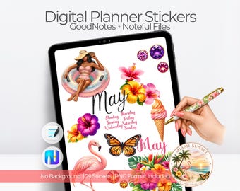 Summer Digital Planner Stickers for GoodNotes | Realistic & Cute Summer Clipart | Noteful Monthly Digital Sticker Kit for Planning