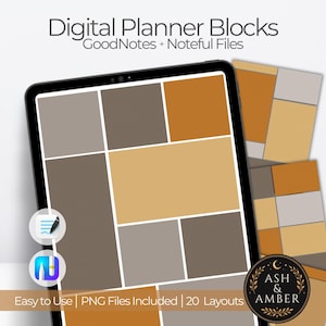Può includere: Un tablet digitale che mostra un layout di pianificazione con blocchi rettangolari in tonalità marrone, beige e grigio. Lo schermo mostra il testo Digital Planner Blocks GoodNotes + Noteful Files. Altri esempi di layout sono visibili dietro.