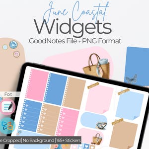 May include: A digital planner with a June Coastal Widgets theme. The planner includes a variety of widgets, including a calendar, a to-do list, and a notes section. The planner is designed to be used with the GoodNotes app.