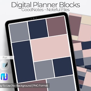 May include: A digital planner block design on a tablet, with a geometric pattern in navy, grey, and blush pink. The text "Digital Planner Blocks" and "GoodNotes + Noteful Files" are visible. Additional blocks are stacked to the right.