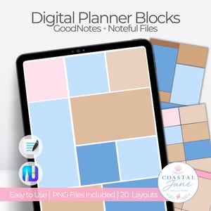 Puede incluir: Una pantalla de tableta que muestra Digital Planner Blocks con el texto GoodNotes + Noteful Files. La pantalla muestra una cuadrícula de secciones rectangulares en tonos azul claro, rosa y beige. Un logo circular dice Coastal June Collection.