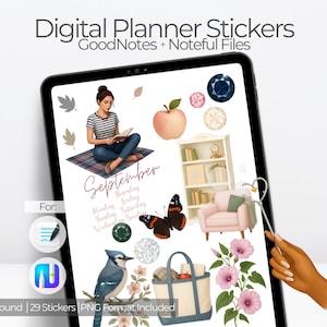 May include: Digital planner stickers displayed on a tablet. The image includes illustrations of a woman reading, an apple, a butterfly, a bird, a tote bag, and flowers. Text on the tablet reads "Digital Planner Stickers" and "September".