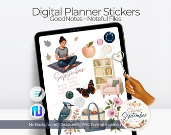 May include: Digital planner stickers for GoodNotes and Noteful featuring illustrations of a person reading, a bookshelf, a pink armchair, a blue jay, a tote bag, flowers, butterflies, and the text Digital Planner Stickers Savor September.